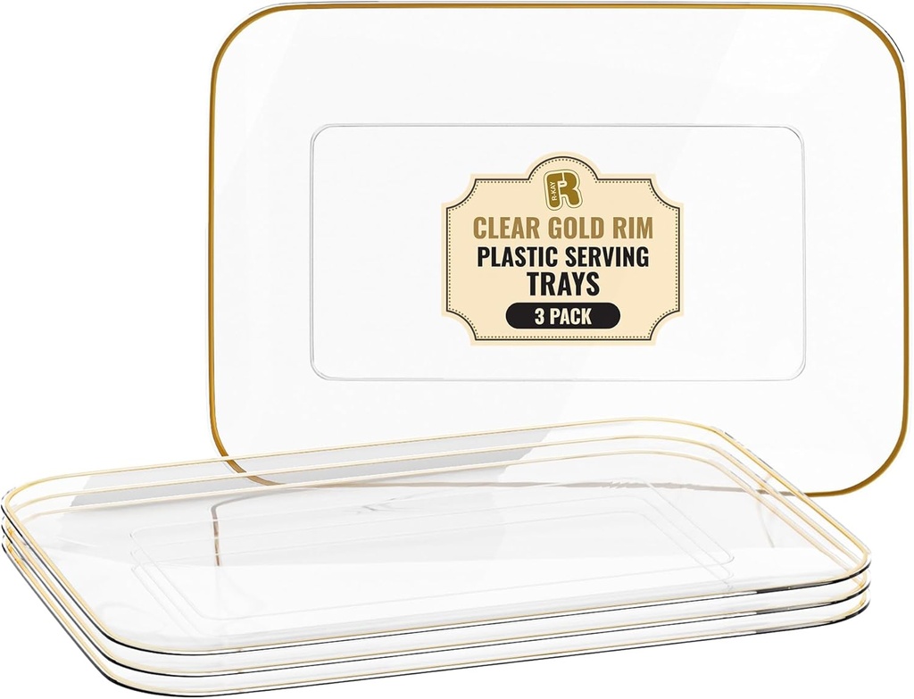 3 Pack Plastic Serving Trays for Party - Gold Serving Tray 8 by 11 Inch - Heavy Duty Dessert Trays for Food - Rectangular Party Serving Trays for Entertaining - Premium Party Trays - Clear Platters