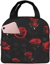 Many Red Rose Black Background Lunch Bag Box Reusable Insulated Lunch Tote Bag,Leakproof Thermal Sack Food Case High Capacity