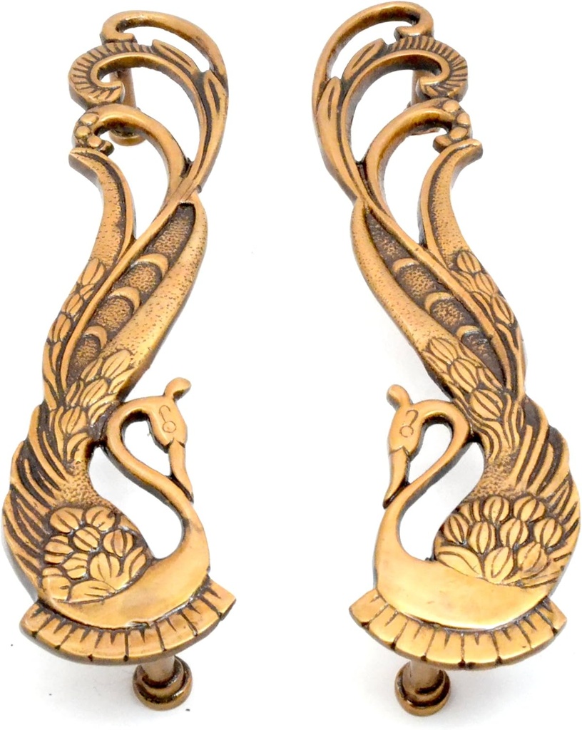 Two Moustaches Peacock Design Brass Door Handle Pair, Brass Handles for Main Door, Standard, Pack of 2