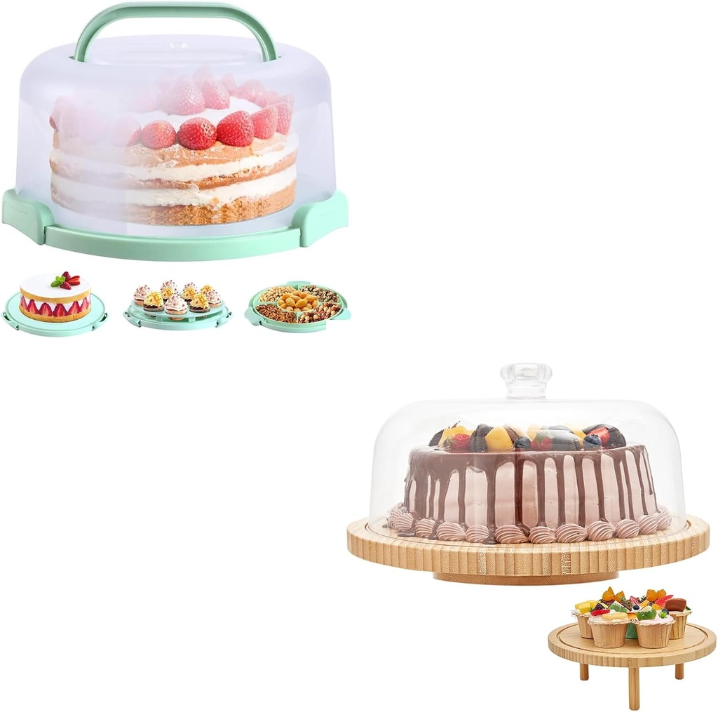 Ohuhu Cake Carrier with Lid and Handle+Cake Stand with Lid Bamboo 2-in-1 Cake Turntable Cake Holder