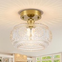 Semi Flush Mount Ceiling Light Fixture - Brass & Floral Glass Shade, Vintage Modern Lighting for Entryway, Bathroom, Kitchen, Bedroom (Bulb Not Included)