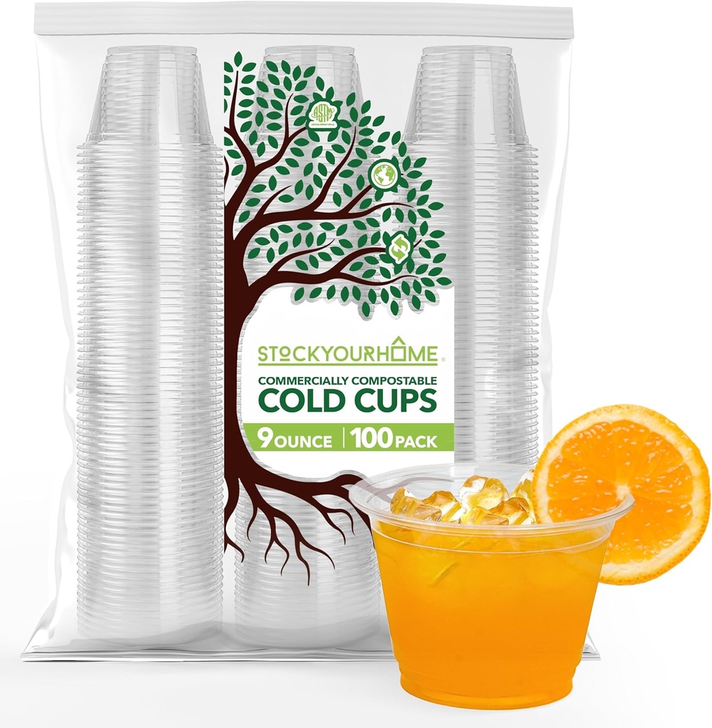 Stock Your Home 9 oz Clear Commercially Compostable Cold Cups (100 Pack) PLA Disposable Party Cup for Water, Wine & Beer