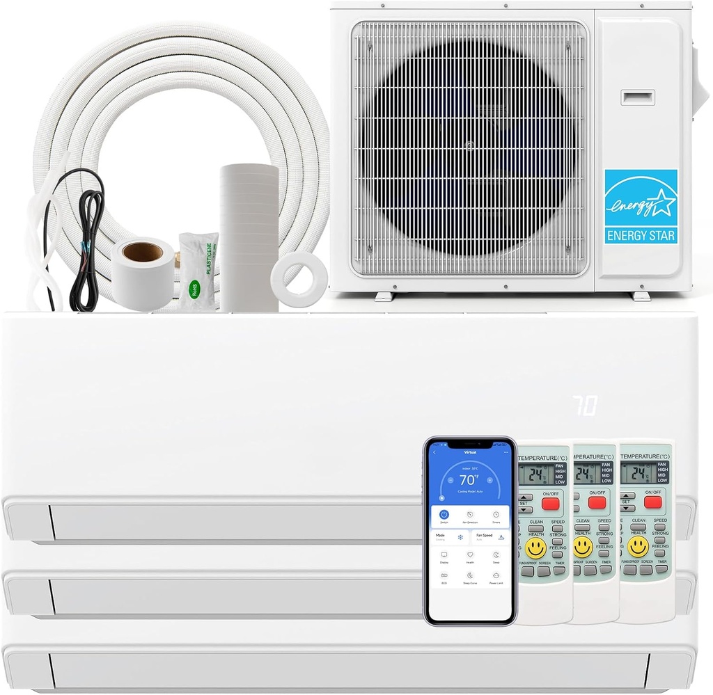 SIMOE 30,000 BTU Tri 3 Zone Mini Split AC/Heating System, 23 SEER2, 208-230V, Wifi-Enabled Ductless Inverter Split Air Conditioner with 16 ft Copper Line Set, 7K + 7K + 7K BTU