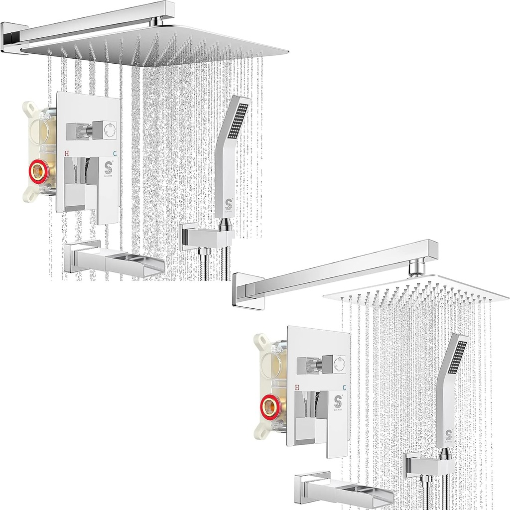 SR SUN RISE 8 Inches Wall Mounted Bathtub Shower Faucet Set All Metal Shower System with Tub Spout, Rain Shower Head and Handheld Sprayer Combo Shower Set, Modern Valve and Trim Kit, Polished Chrome