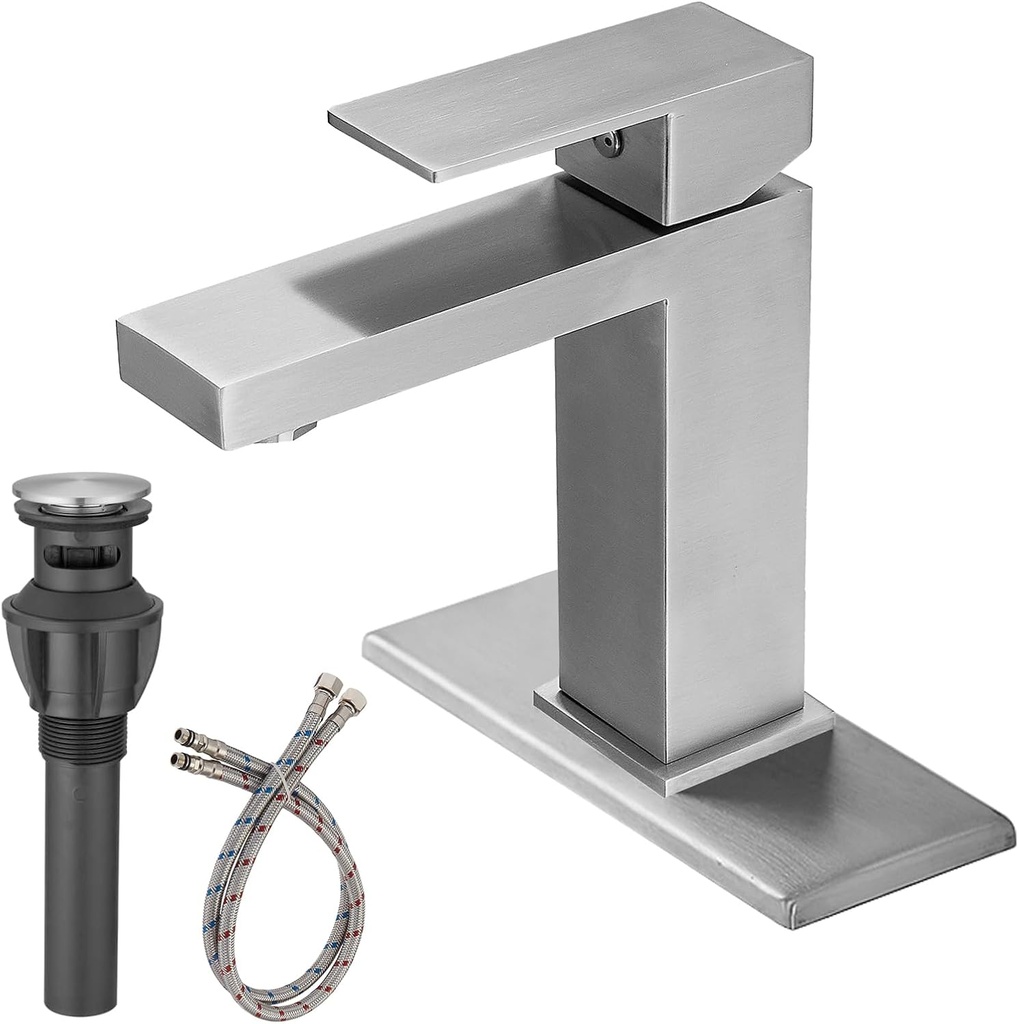 Single Hole Bathroom Faucet Brushed Nickel Single Handle Modern with Pop Up Drain Parts Deck Mounted Lavatory Vanity Mixer Tap Commercial Basin Brush Finish Sink