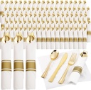 Supernal 120Pack Gold Plastic Silverware Wrapped Plastic Cutlery Set with Napkin,Pre Rolled Napkins with Cutlery Set,Rolled Silverware Disposable For Halloween Thanksgiving Christmas
