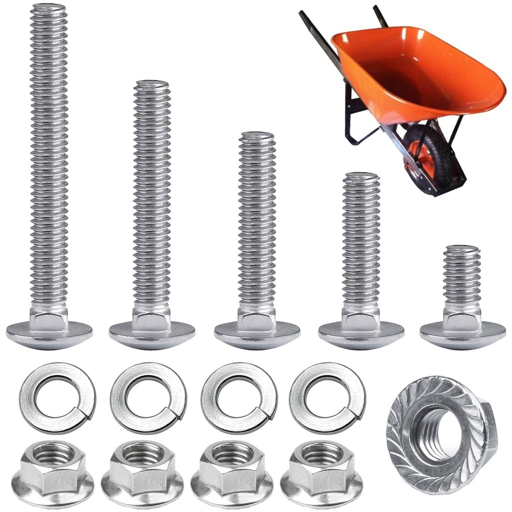 40 Pcs Wheelbarrow Carriage Bolts and Nuts，Stainless Steel Carriage Bolts，Flange Hex Nuts with Spring Washers,Wheelbarrow Handles Replacement Parts（5/16-18 5”,3-1/2”,2-3/4”,2-1/4”,3/4”）