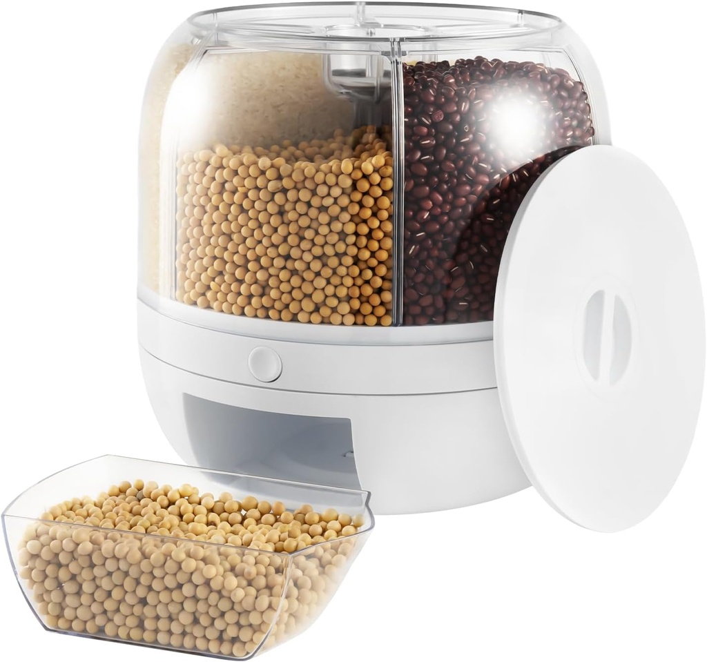 Rice and Cereal Dispense, 360° Rotating 6 Grid Dry Food Dispenser 10KG Rice and Grain Storage Container One-Click Rice Output Round Multigrain Tank Cup Grain Storage Tank for Home Kitchen