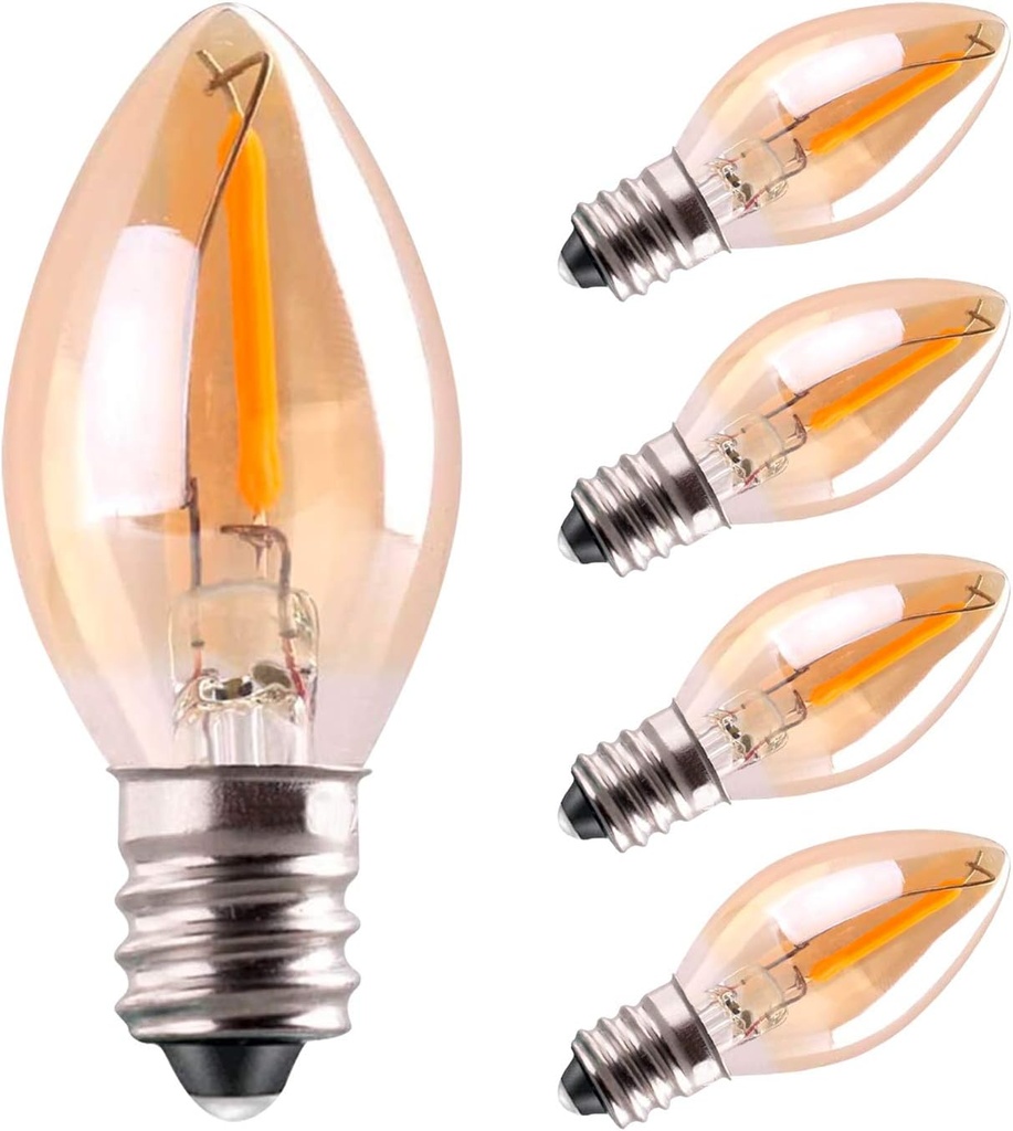 C7 LED Bulb, 0.5W Light Candle Bulbs, Amber Glow 5w Incandescent Replacements E12 Candelabra Base led Filament Night Bulb Ultra Warm White 2200K Decorative String Edison Lamp Non-Dimmable 5 Pack