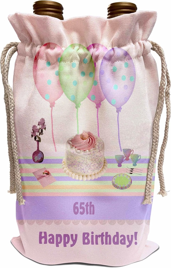 3dRose Wine Bag - 65th White Icing Cake with Balloons and Vase of Flowers, Pastels Birthday Design