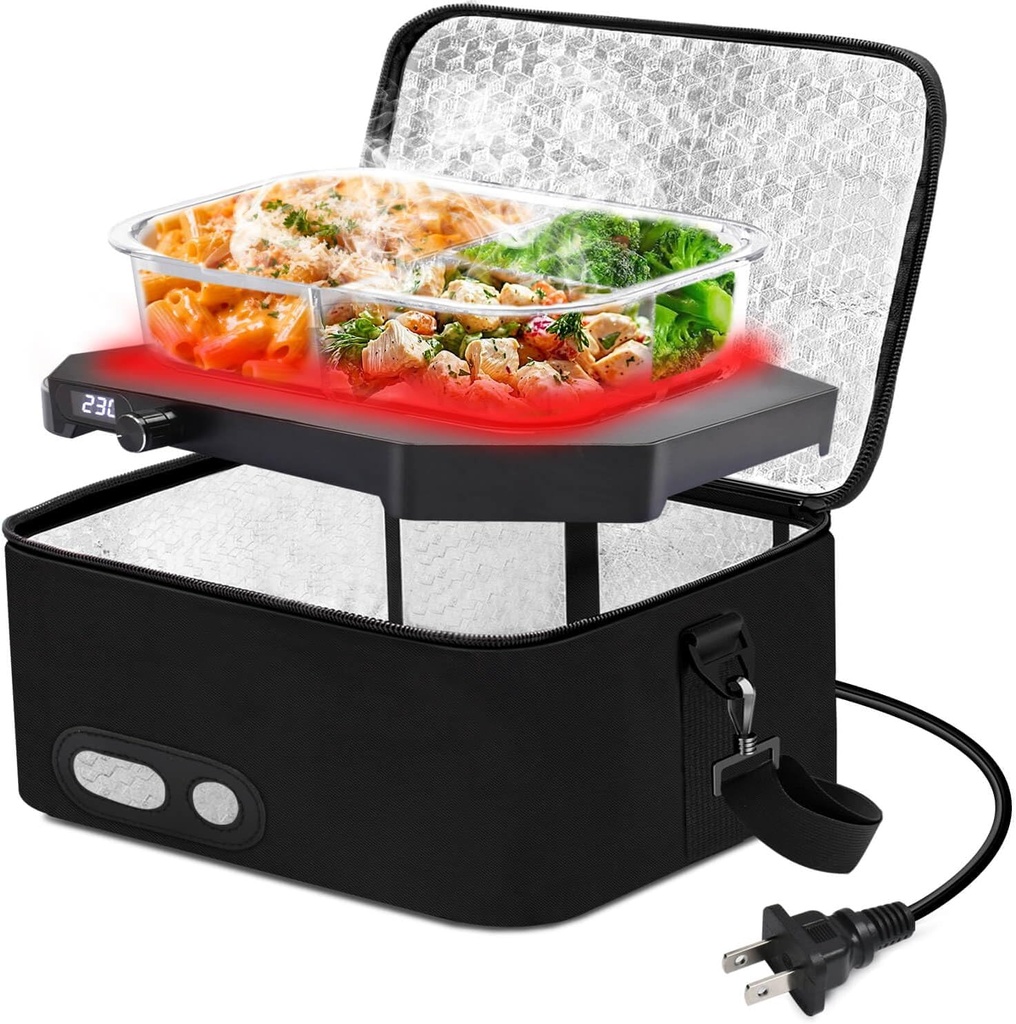 Aotto Portable Electric Lunch Box Food Heater - 110V Portable Oven and Food Warmer, Temperature Control with LED Display, Cook, Reheat & Keep Meals Warm for Car, Truck, Travel - Black