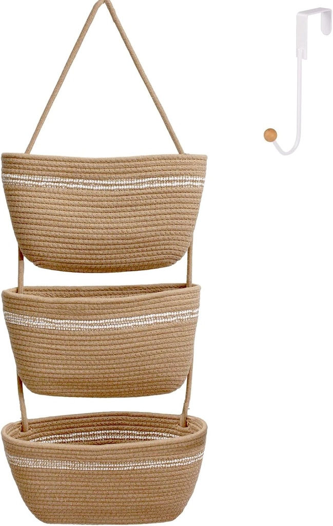 Over the Door Hanging Basket for Organizing 3 Tiers Woven Cotton Rope Wall Mount Storage basket Decorative Kitchen Hanging Organizer Bathroom include 1door hook Flaxen