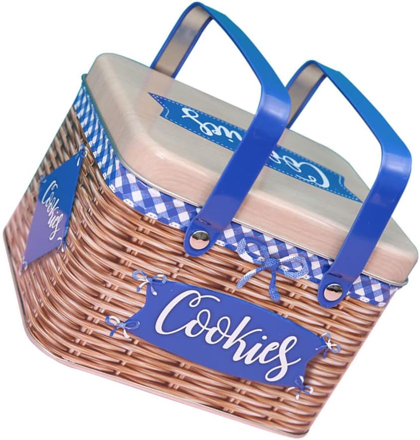 Loose Tea Set Metal Candy Tins with Handle Rattan Cookie Tin Box Travel Storage Containers for Small Cookie Biscuit Cards Small Things Blue Weaving Basket