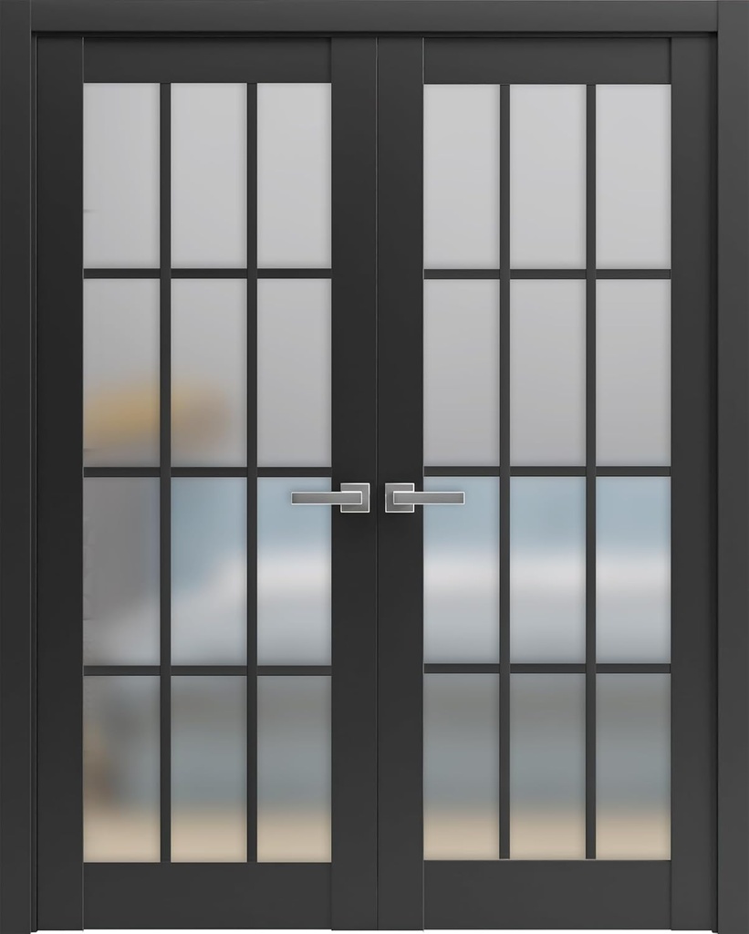SARTODOORS Solid Interior French Double Doors 72 x 96 inches | Felicia 3312 Matte Black with Frosted Glass | Wood Solid Panel Frame Trims | Closet Bedroom Sturdy Doors
