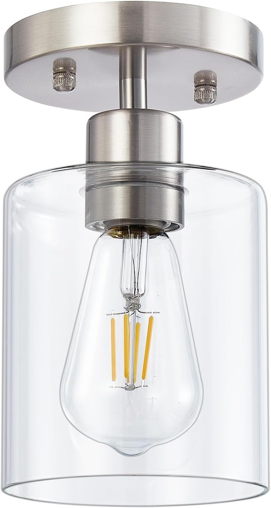 1 Light Semi Flush Mount Ceiling Light, Brushed Nickel Ceiling Light Fixtures, Modern Light Fixtures Ceiling Mount, Ceiling Lights with Glass Shade for Hallway Kitchen Foyer Porch Bedroom-1pack