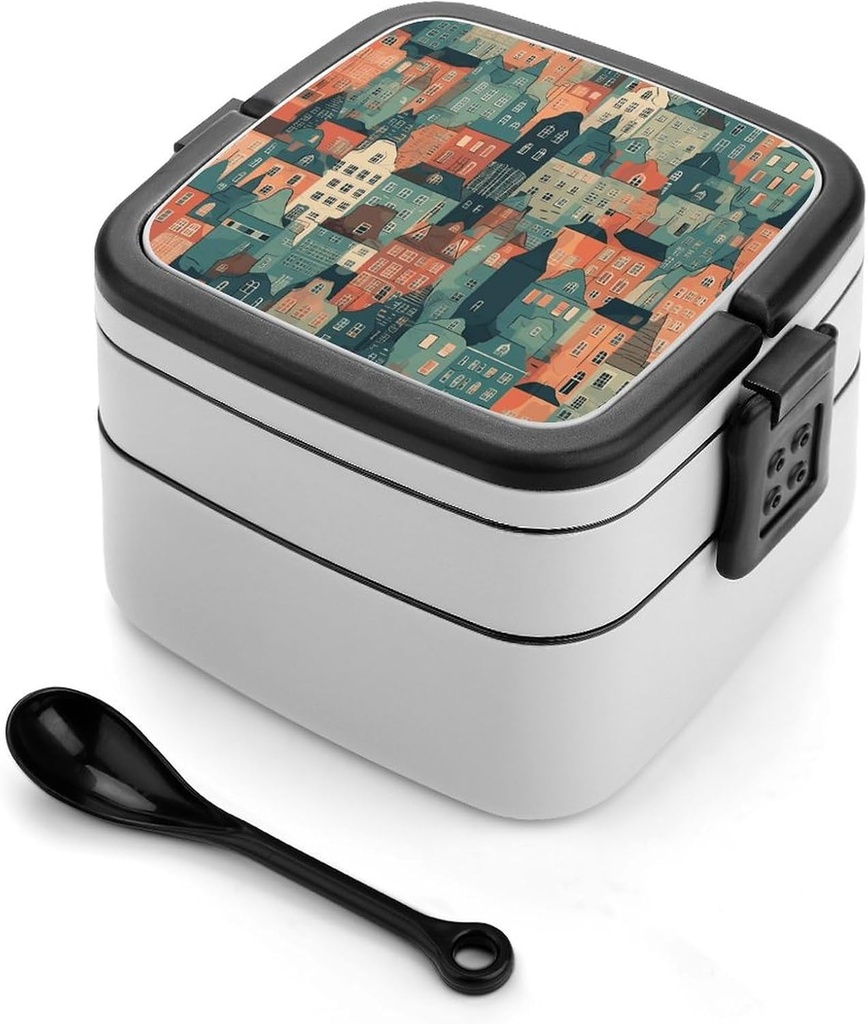 Cartoon House Bento Box with Compartments Double Layer Bento Lunch Box with Spoon And Handle All-in-One Adult Lunchbox Leakproof Lunch Container for Work Picnic Travel