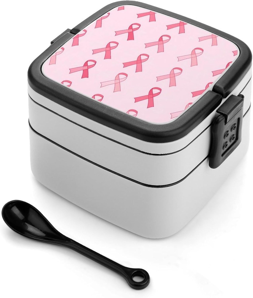 Breast Cancer Ribbon Lunch Box with Handle Stackable 2 Layer Leak-Proof Bento Box Portable Food Containers for Unisex