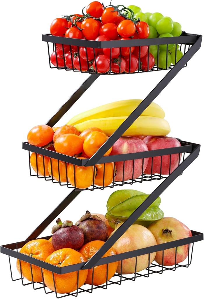 GETALL Metal 3-Tier Fruit Basket Bowl Screw-Free Assembly, Separate 3 Vegetable Baskets Easily, Kitchen Organization for Counter and Under Cabinet, Black
