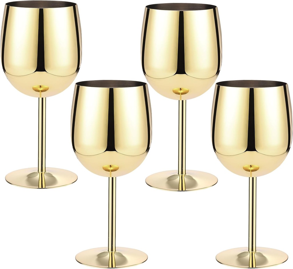 Irenare Set of 4 Stainless Steel Wine Glasses Gold 12 oz Metal Wine Goblets Unbreakable Portable Stemmed Wines Glasses for Wedding Anniversary Party Travel Camping Outdoor Picnics