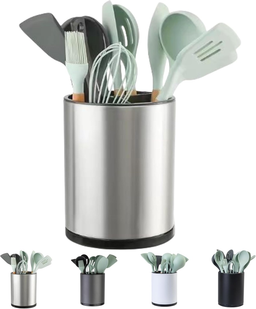 Kitchen Utensil Holder Extra Large 360°Rotating For Counter Organizer Stainless Steel Storage Cooking Silverware Caddy 3 Compartment Flatware Spoon Spatula Tool Cutlery Container（Silvery）