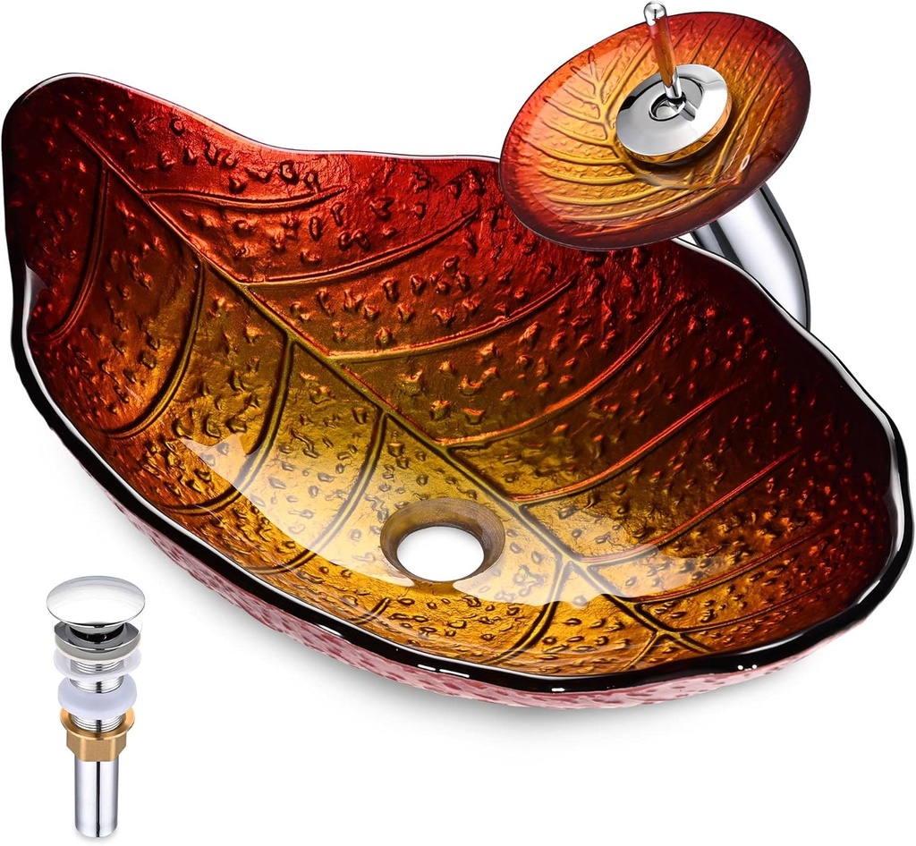 Aquaterior Tempered Glass Bathroom Vessel Sink Above Counter Leaf Shape with Waterfall Faucet Pop-up Drain Combo Artistic Style Victorian Era