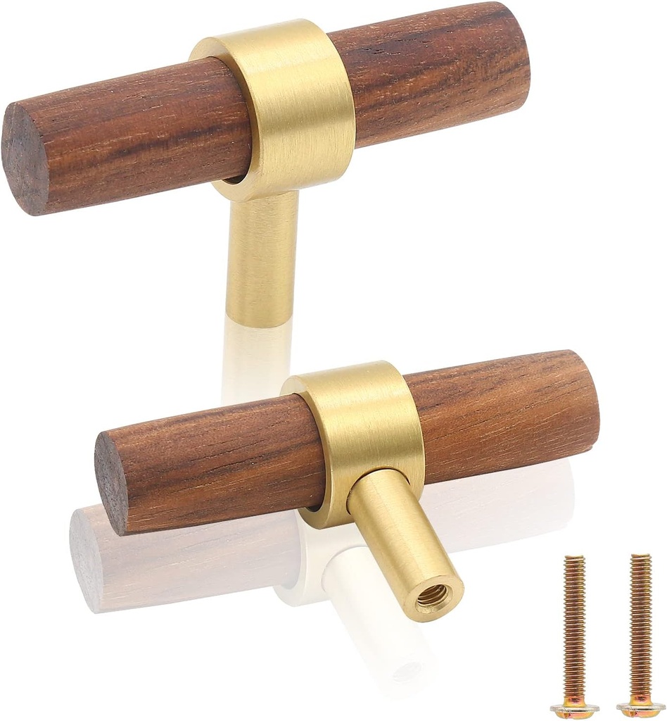 Uenhoy 2 Pack Wood T Knobs Wood Cabinet Pulls Handles 2.36"/60mm Walnut Cabinet Pulls Gold Brass Base Single Hole Drawer Pulls