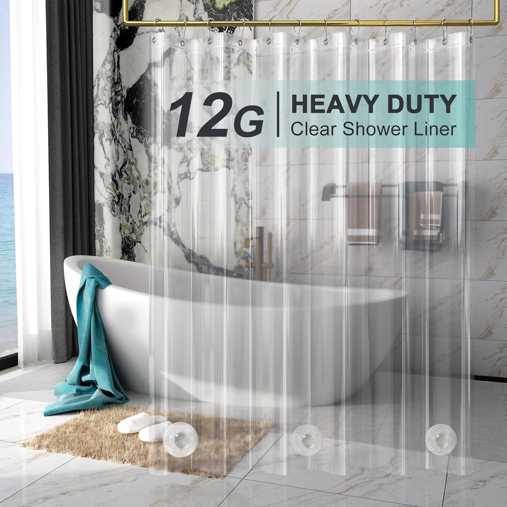 AmazerBath Heavy Duty Shower Curtain Liner 12 Gauge, 72 x 72 Inches Clear Shower Curtain Liner with 3 Clear Stones and 12 Grommet Holes, Weighted Plastic Shower Liner