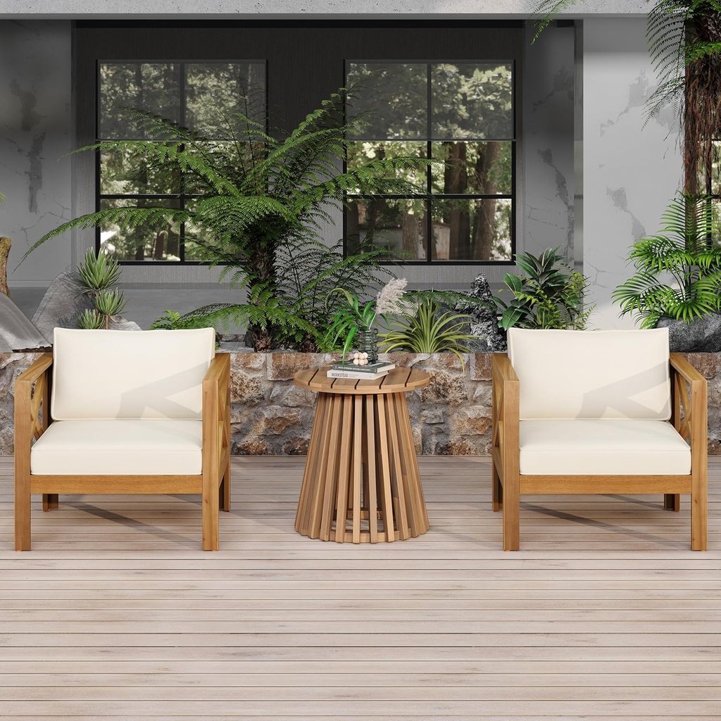 Merax Acacia Wood Bistro Table and Chairs Set of 2, Outdoor Coffee Table Armchair with Cushions for Patio Backyard Lawn Balcony, Teak Finish (Beige Cushion)