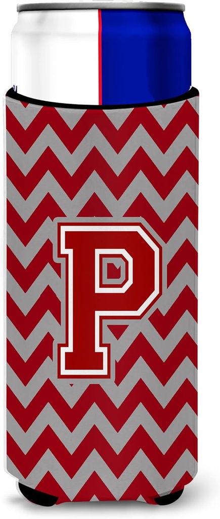 Letter P Chevron Maroon and White Ultra Beverage Insulators for slim cans