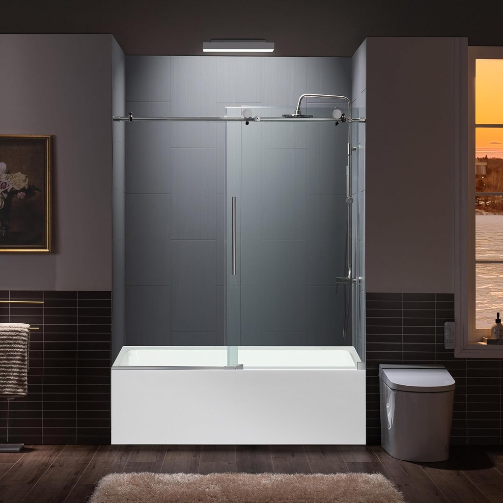 WOODBRIDGE Frameless Sliding Bathtub Door, 56"-60" Width, 62" Height, 3/8" (10 mm) Clear Tempered Glass, Brushed Nickel Finish, Designed for Smooth Door Closing and Opening. MBTDC6062-B5