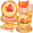 175 PCS Fall Maple Leaves Dinnerware Set Thanksgiving Party Supplies Pumpkin Tableware Include Paper Plates Cups Cutlery Napkins Autumn Harvest Disposable Dinnerware, Serve 25