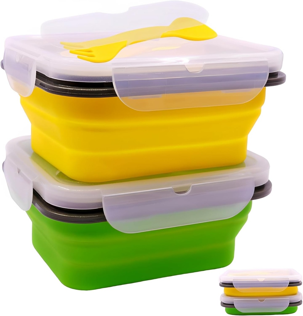 2 Pack Collapsible Silicone Bento Lunch Boxes With Lids Spoon Fork, 20.3oz, Lunch Food Storage Containers, Safe in Microwave, Dishwasher and Freezer, BPA Free (Green and Yellow)