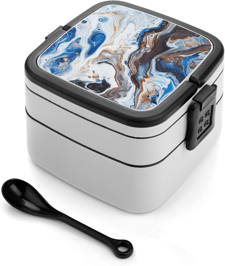 White And Blue Pattern Bento Box with Compartments Double Layer Bento Lunch Box with Spoon And Handle All-in-One Adult Lunchbox Leakproof Lunch Container for Work Picnic Travel