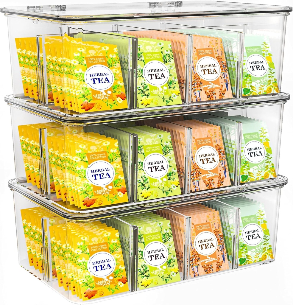 Utopia Home - Tea Bag Organizer With Lids, Clear Pantry Storage Box - (3 Pack) Stackable Partition Organizers or Holder With Lids For Drawers, Countertops, Fridge, Kitchen, Snack & Spice Organization