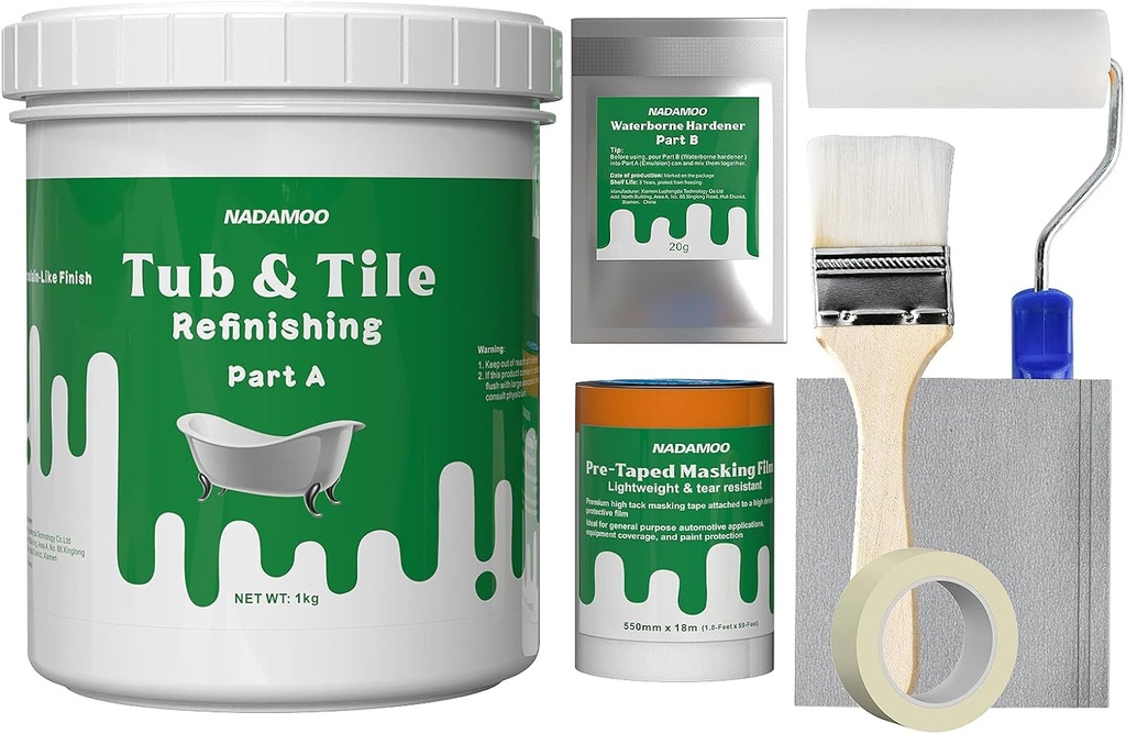 NADAMOO Tub and Tile Refinishing Kit (1kg / 35 oz, with tools), Bathtub Sink Countertop DIY Paint Kit for Bathroom Kitchen Porcelain Fiberglass, Semi-gloss White Coat