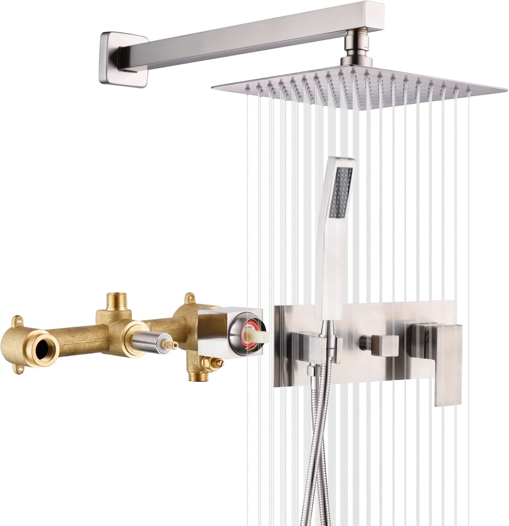 SUMERAIN Brushed Nickel Rain Shower System with Handheld Shower, Pressure Balance Shower Head System with Rough in Valve