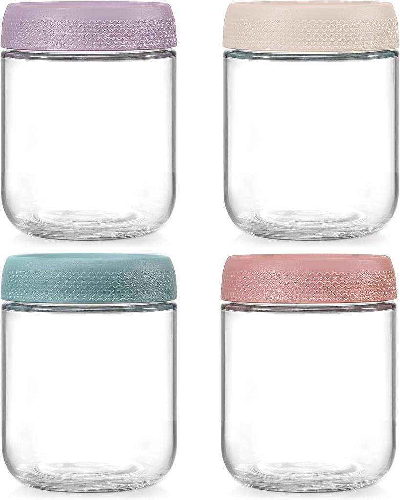 NETANY 4-pack 16oz Glass jars with Airtight Lids, Overnight Oats Containers with Lids, Wide mouth Mason Salad jars, Glass Food Storage Containers for Snacks Yogurt Spice Sugar