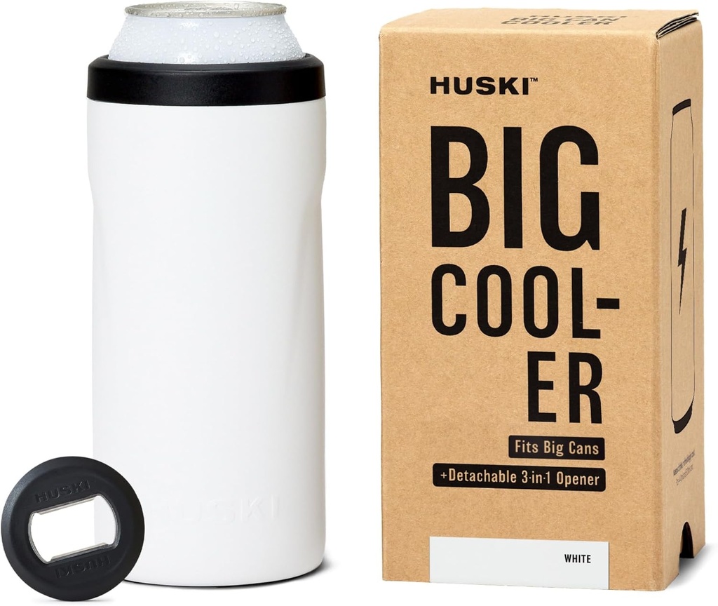Huski Big Can Cooler | NEW | Premium 16oz & 19.2oz Beer & Energy Drink Cooler with Detachable 3-in-1 Opener | Triple Insulated | Keeps Cans up to 10x colder | Doubles as a Tumbler (White)