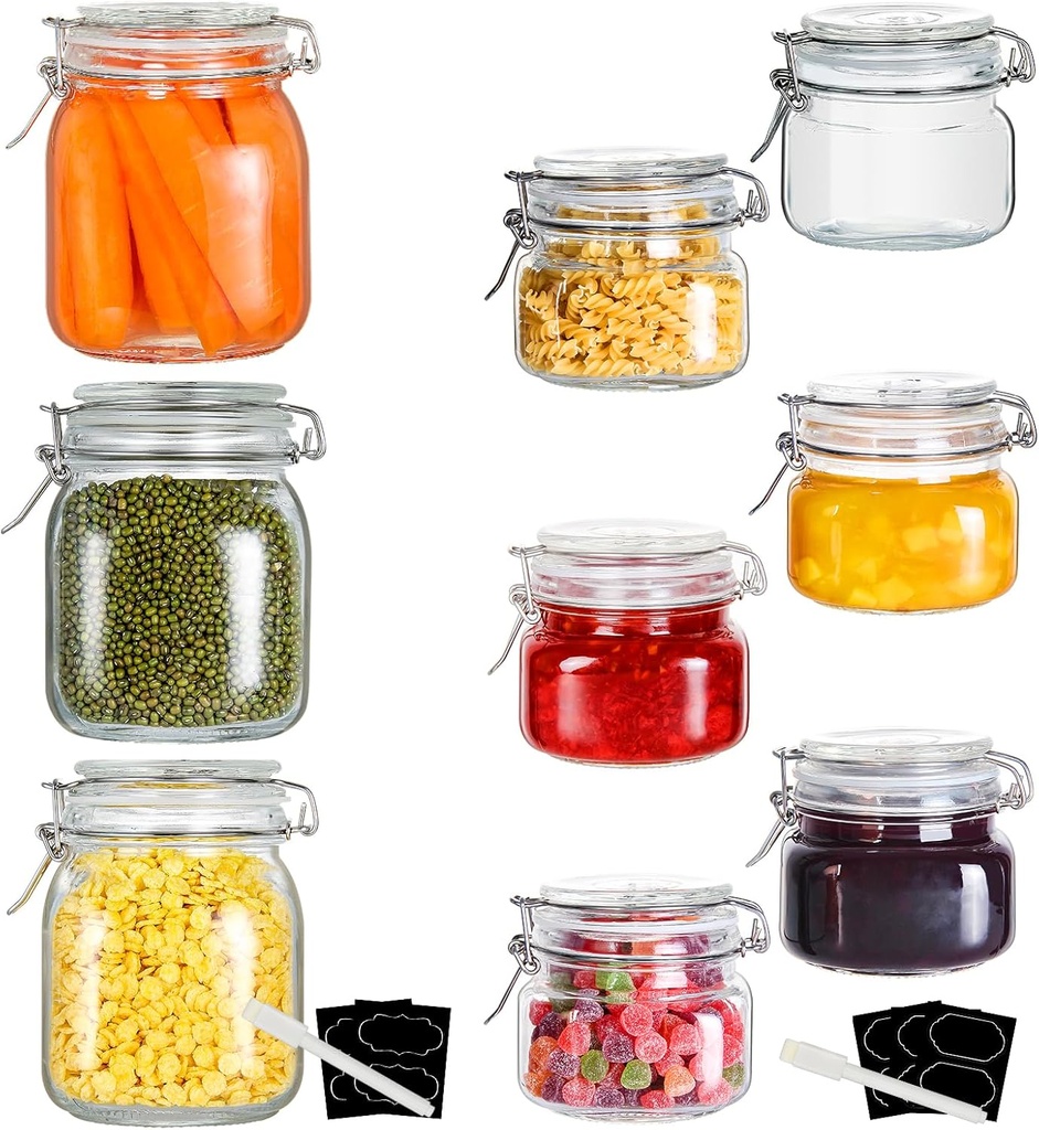 YEBODA 32oz Food Storage Canister Glass Jars 3 Pack + 16oz Food Storage Canister Glass Jars with Clamp Airtight Lids 6 Pack