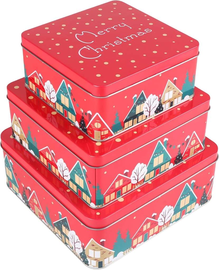 Christmas Tin Gift Box Santa Tinplate Candy Cookie Jars Square Candy Storage Containers with Lids for Holiday Xmas Supplies 3Pcs (Style B)