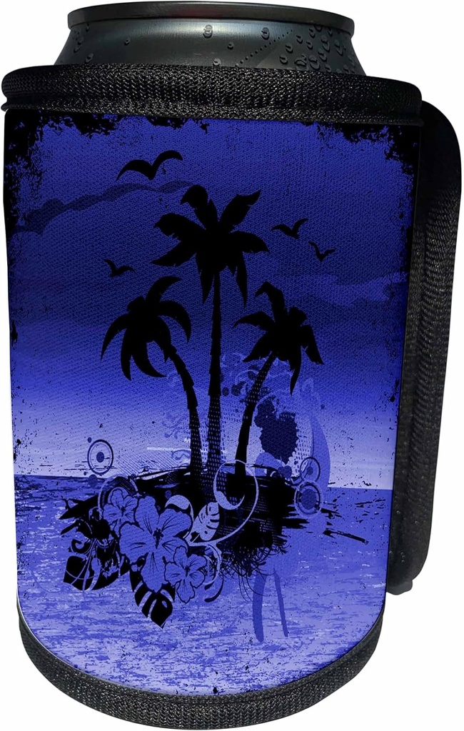 Can Cooler Bottle Wrap - A Pretty Night Island Scene With Palm Trees and Tropical Flowers In Blue Beaches