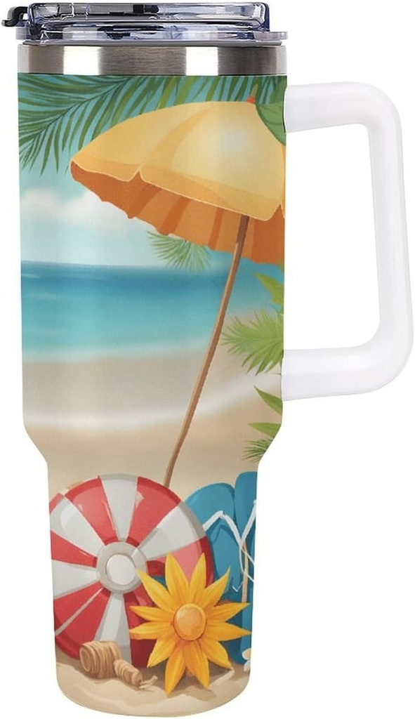 40oz Insulated Stainless Steel Tumbler with Handle, Summer Holiday Beach Theme Leakproof Water Bottles Travel Mug with Lid And Straw for Water, Iced Tea Or Coffee, Suitable for Most Car Cup