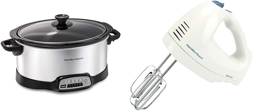 Hamilton Beach Programmable Slow Cooker with Flexible Easy Programming & 6-Speed Electric Hand Mixer with Whisk, Traditional Beaters, Snap-On Storage Case, White