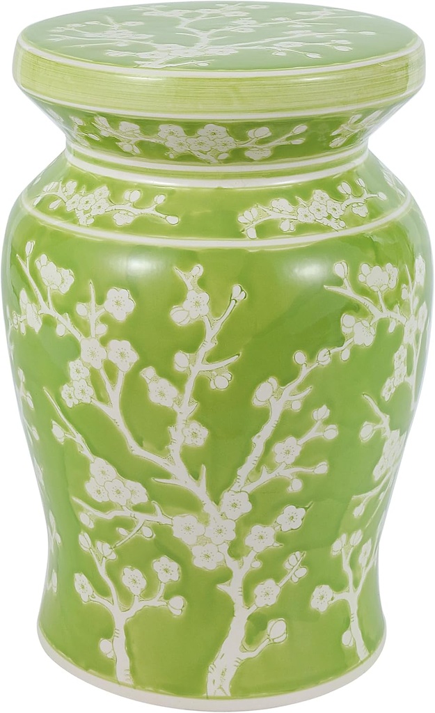 JONATHAN Y TBL1017C Cherry Blossom 17.75" Ceramic Indoor/Outdoor Garden Stool Coastal, Contemporary, Transitional, Patio, Garden Room, Bathroom, Living Room, Green/White