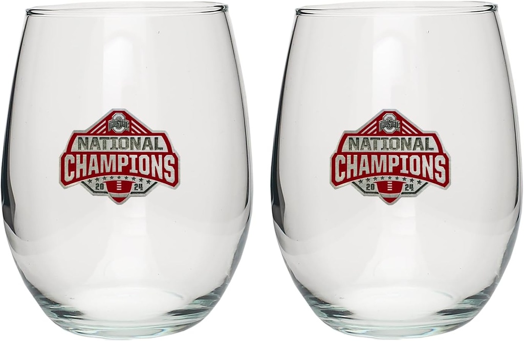 Ohio State Buckeyes National Championship 23-24 Football Stemless Glass Goblets – Set of 2 | 15 OZ Goblet Wine Glasses | Expertly Crafted Pewter Glass