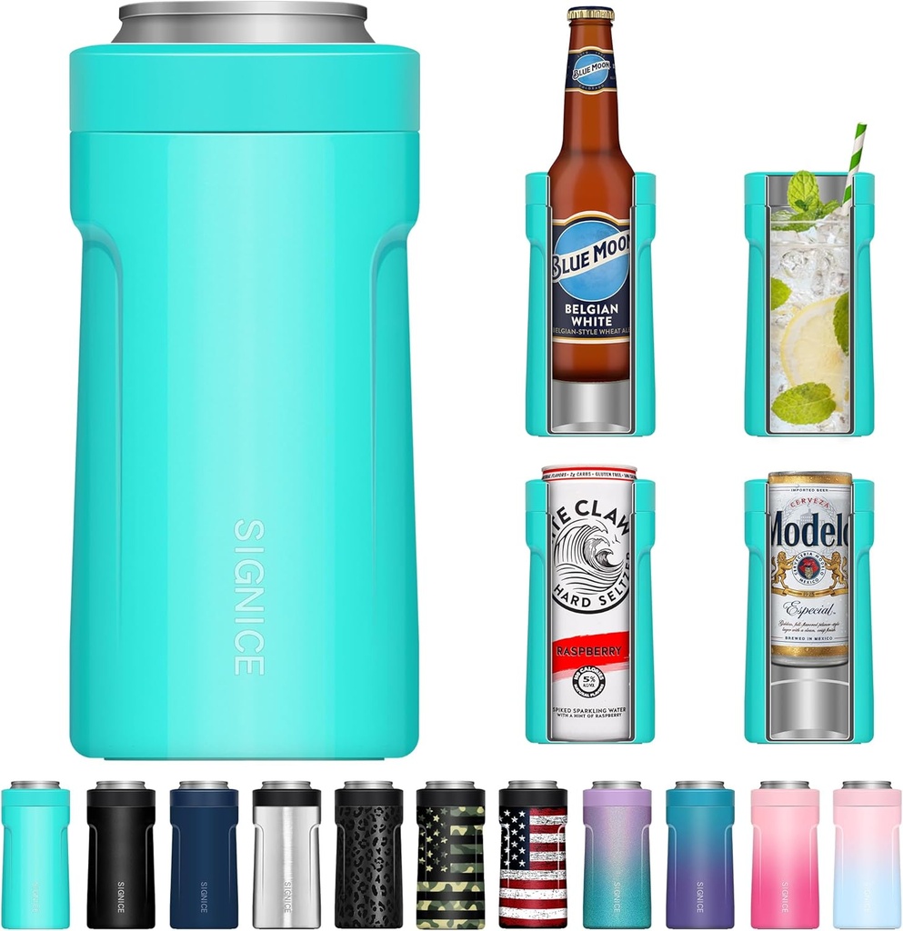 3 In 1 Insulated Universal Can Cooler - Signice Double Walled Vacuum Insulator Stainless Steel Slim Can Cooler for 12 Oz Skinny Tall Standard Regular Can Beer Bottle (Aqua)