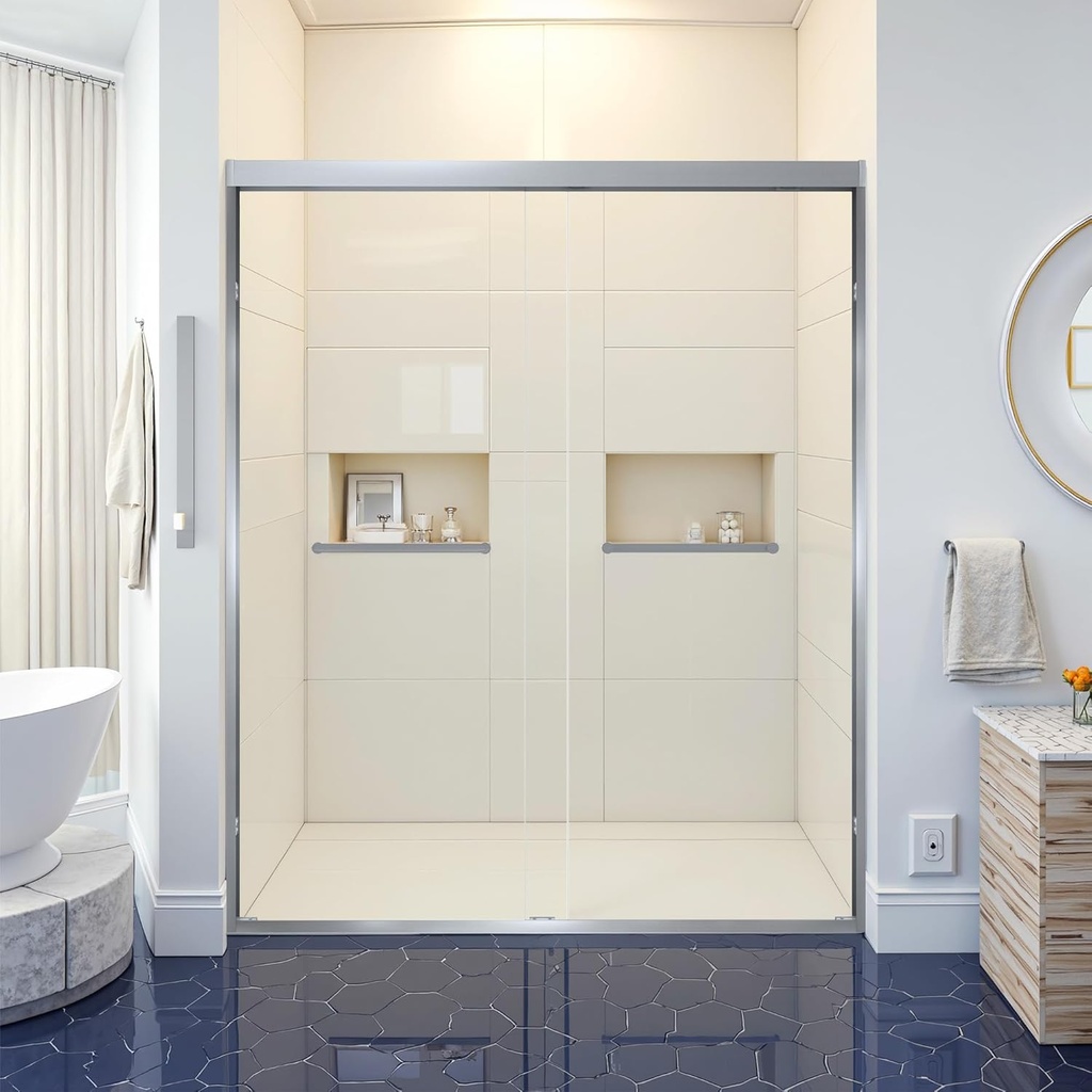 56-60" W x 72" H Shower Door, Semi-Frameless Sliding Shower Glass Door with 1/4" (6mm) Thick SGCC Tempered Glass, Aluminum Alloy Frame with 2 Handles for Bathroom - Brushed Nickel