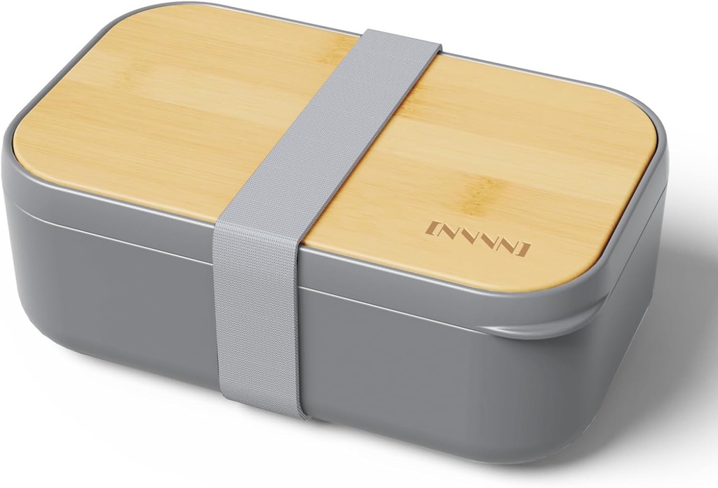 Bento Box Lunch Box Containers for Adults Grey- Natural Bamboo Lid, Cutlery & Chopsticks, Lunch Box for Women, Microwave Safe, Dishwasher Safe, Bpa Free, Leakproof, Men