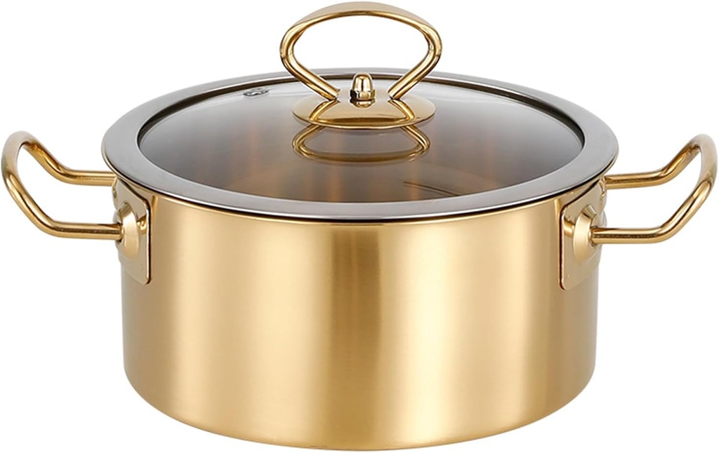 Stainless Steel Ramen Pot Nonstick Stockpot Soup Cooking Pot with Glass Lid Small Saucepan Noodle Pot with Double Handle Cooking Kitchen Essential for Home Camping Cooking,Gold,18cm/7.1inch