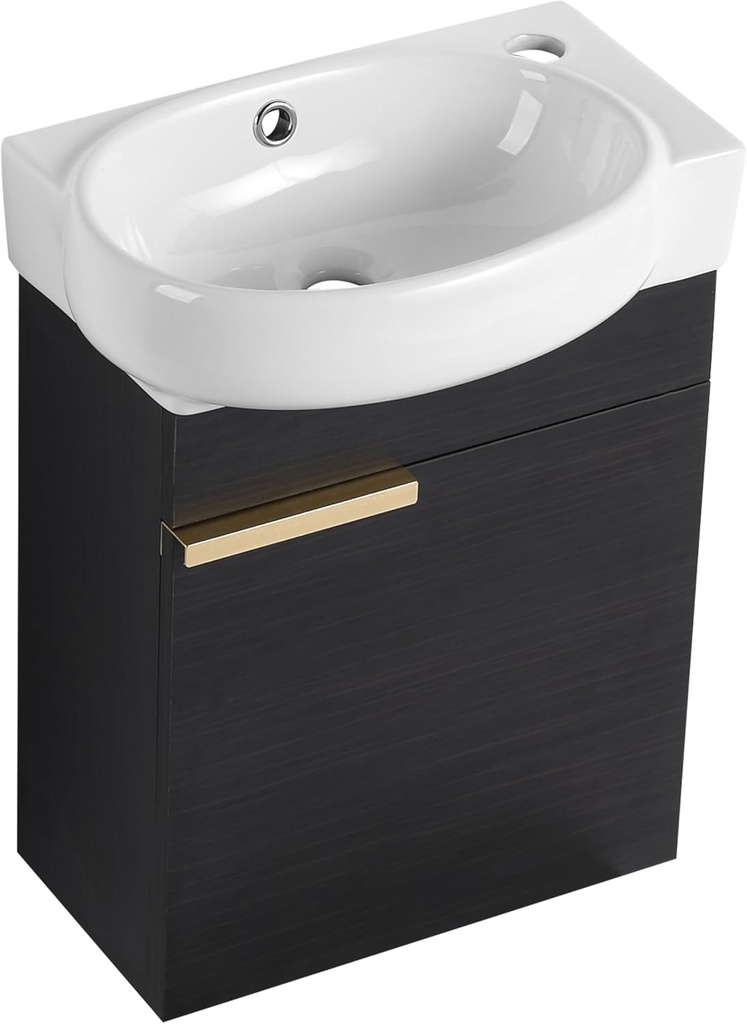 16 inch Small Bathroom Vanity with Sink, Modern Wall Mounted Bathroom Vanity with Round Ceramic Basin Top & Soft Closing Door, 16" Floating Single Sink Bathroom Vanity for Small Space, Black